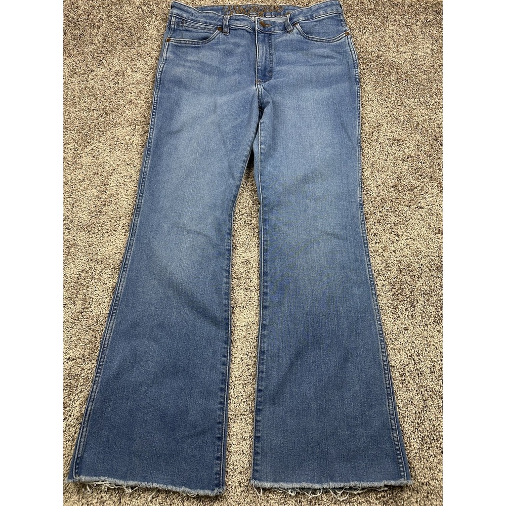 Wrangler Retro High Rise Trouser Boot Jeans 33x34 Raw Hem Western Wide Leg Flare